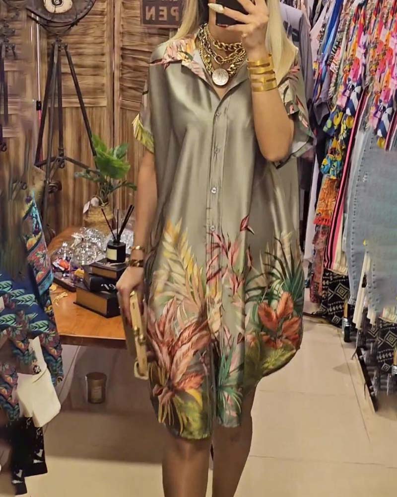 Botanical print lapel half-sleeve midi dress casual dresses summer