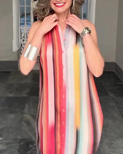 Lapel Colorful Striped Sleeveless Button-Down Dress