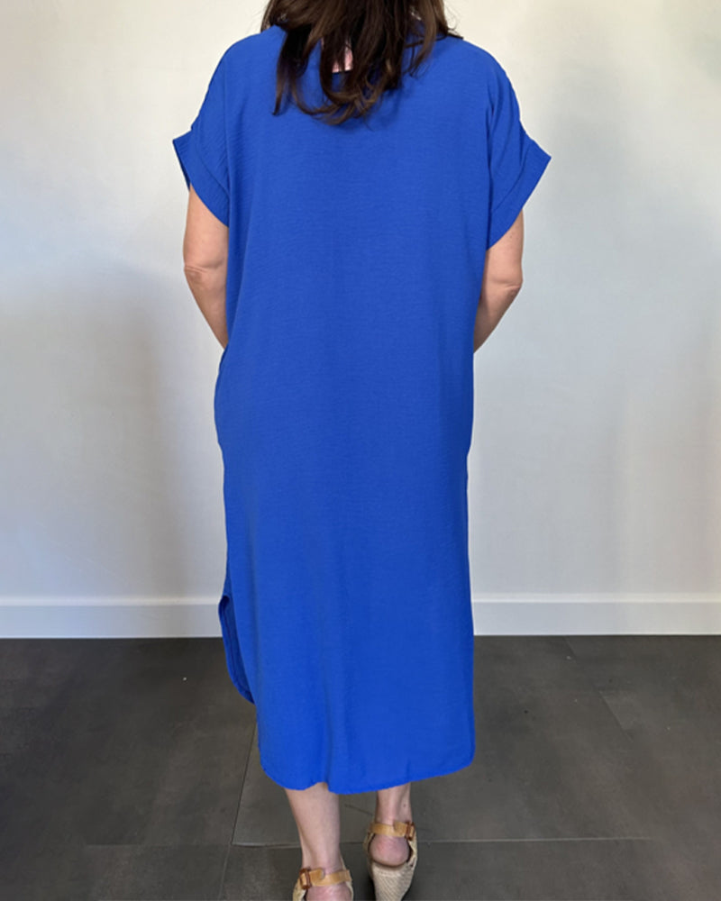 V-Neck Solid Color Loose Straight Dress