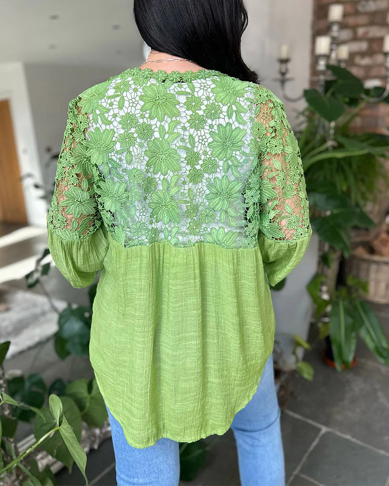 Loose Lace Floral Panel Blouse