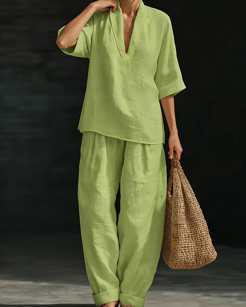 V-Neck Short Sleeve Cotton Linen Set
