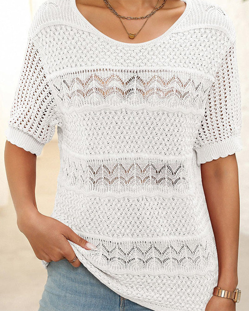 Women's Round Neck Hollow Knit Crochet Short Sleeve Sweater