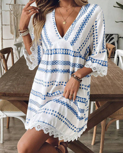 Geometric Print Ethnic V-Neck Lace Trim Dress