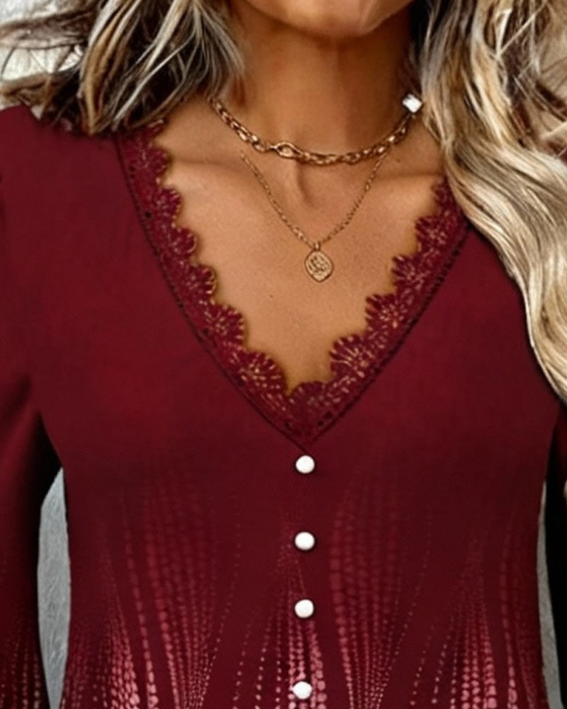 Puff Sleeve V-Neck Print Blouse