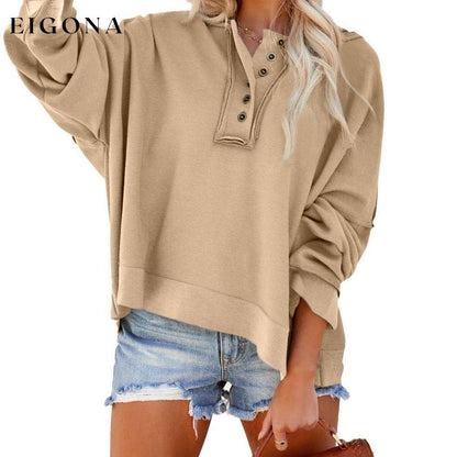 Casual Button Solid Patchwork Trim Hoodie All In Stock clothes Color Khaki Craft Patchwork long sleeve shirts long sleeve top Occasion Daily Print Solid Color Season Fall & Autumn Style Casual Sweater sweaters Sweatshirt