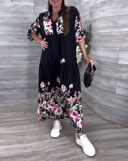 Floral Print Casual Lantern Sleeve Dress