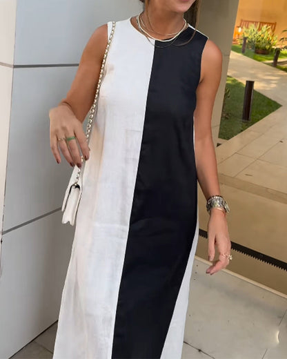 Abito senza maniche in cotone e lino color block
