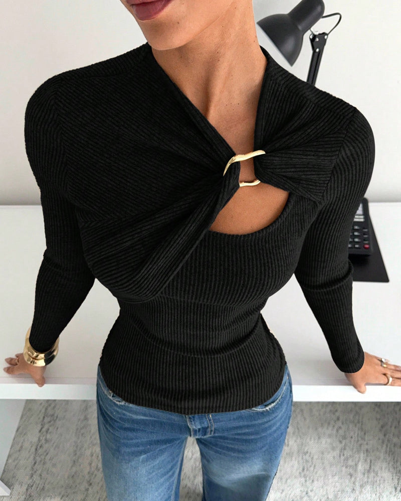 Women's Long Sleeve Ribbed Knit Swivel Front T-Shirt