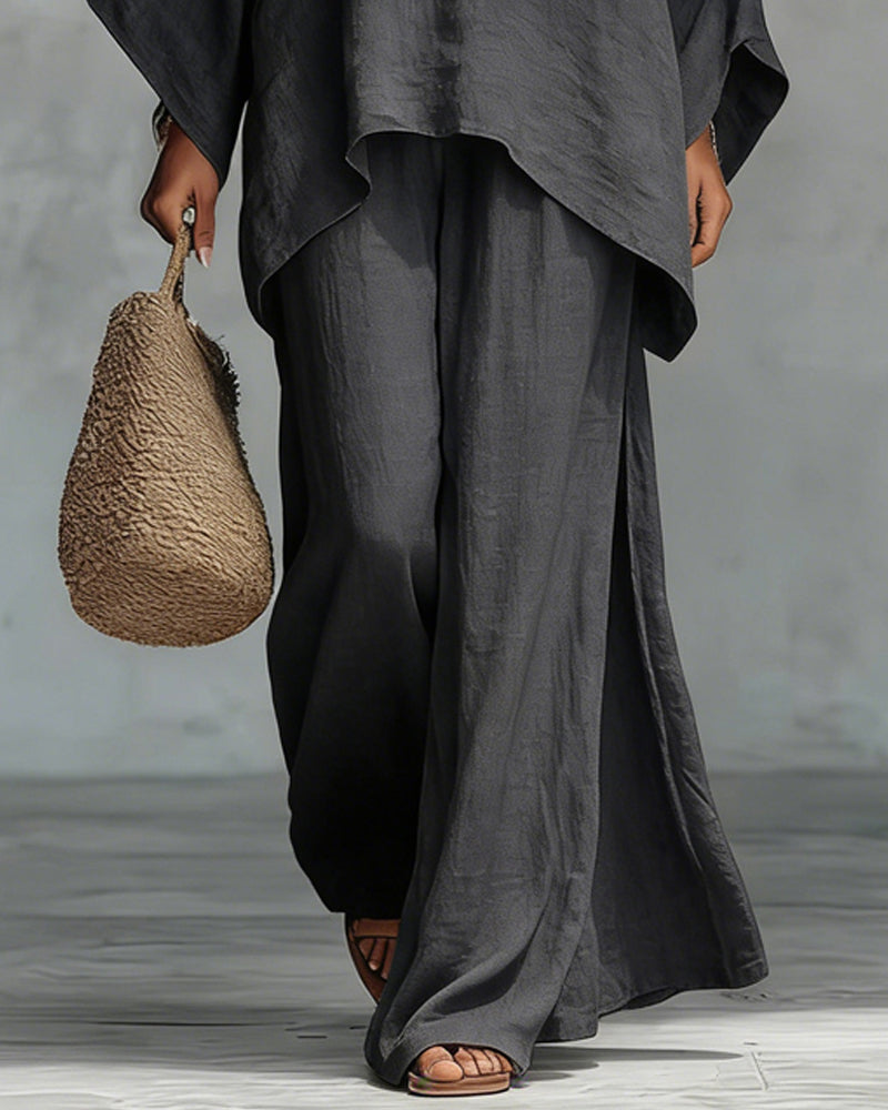 Solid color shirt and wide-leg pants suit
