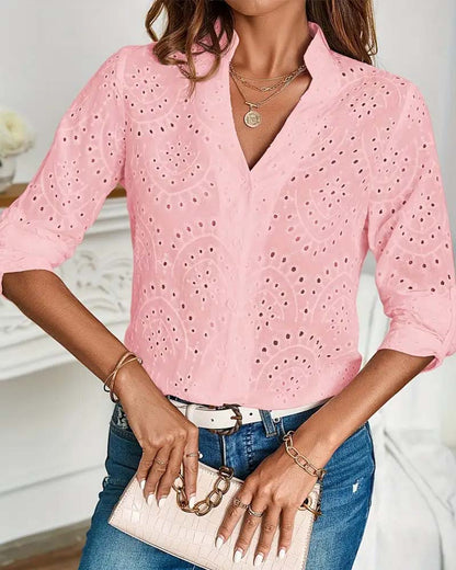 V-neck hollow solid color elegant top blouses & shirts spring summer