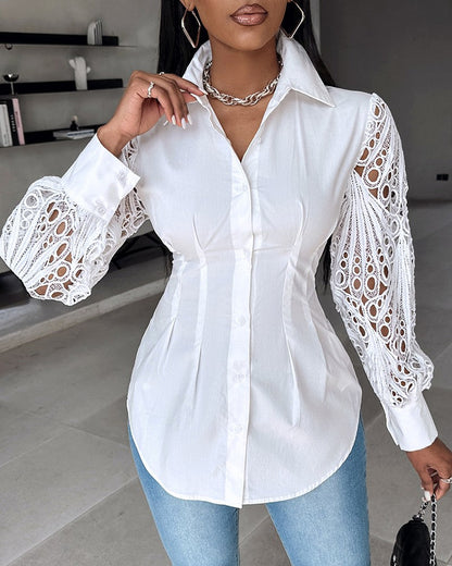 Solid color hollow stitching elegant shirt 202466 blouses & shirts spring summer