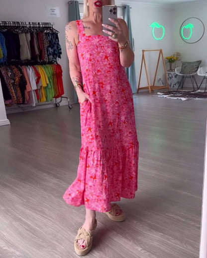 Abito stampato senza spalline con scollo quadrato