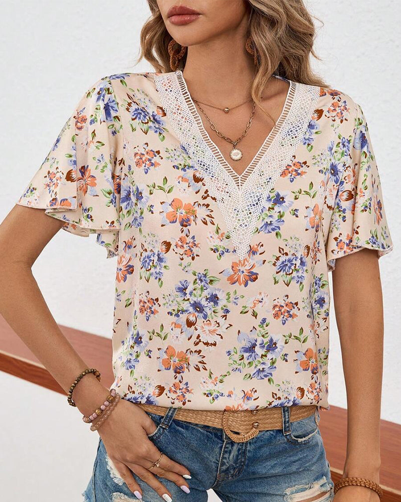 Floral Print Short-Sleeved V-Neck T-Shirt