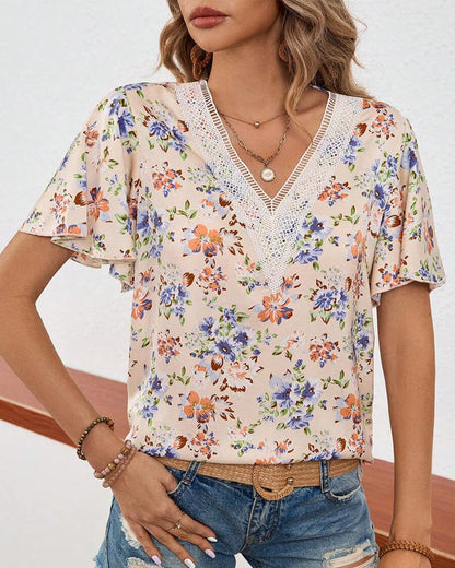 Floral Print Short-Sleeved V-Neck T-Shirt