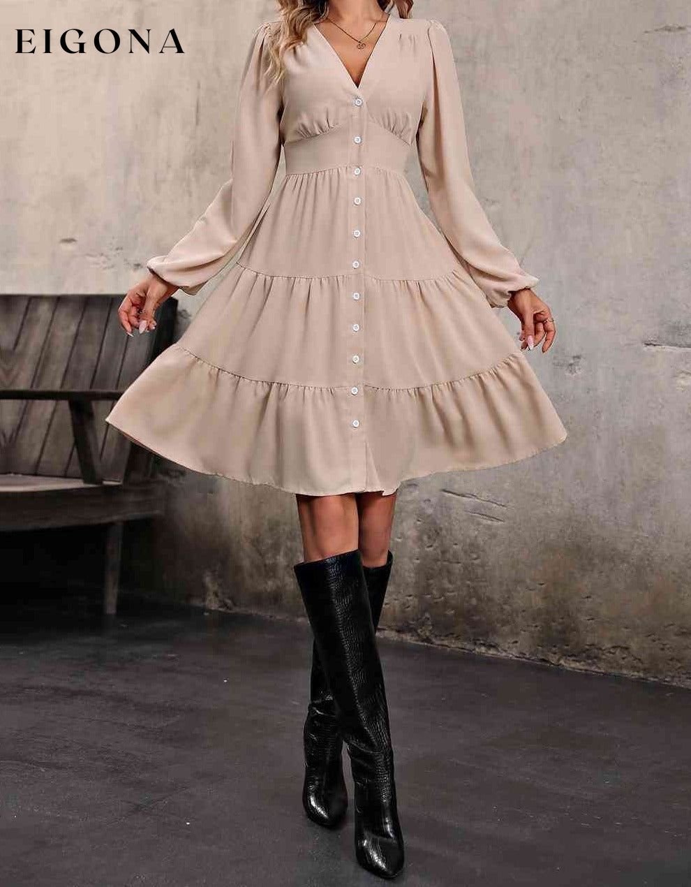 V Neck Button Up Tiered Dress clothes dress dresses Hundredth long sleeve dresses Ship From Overseas