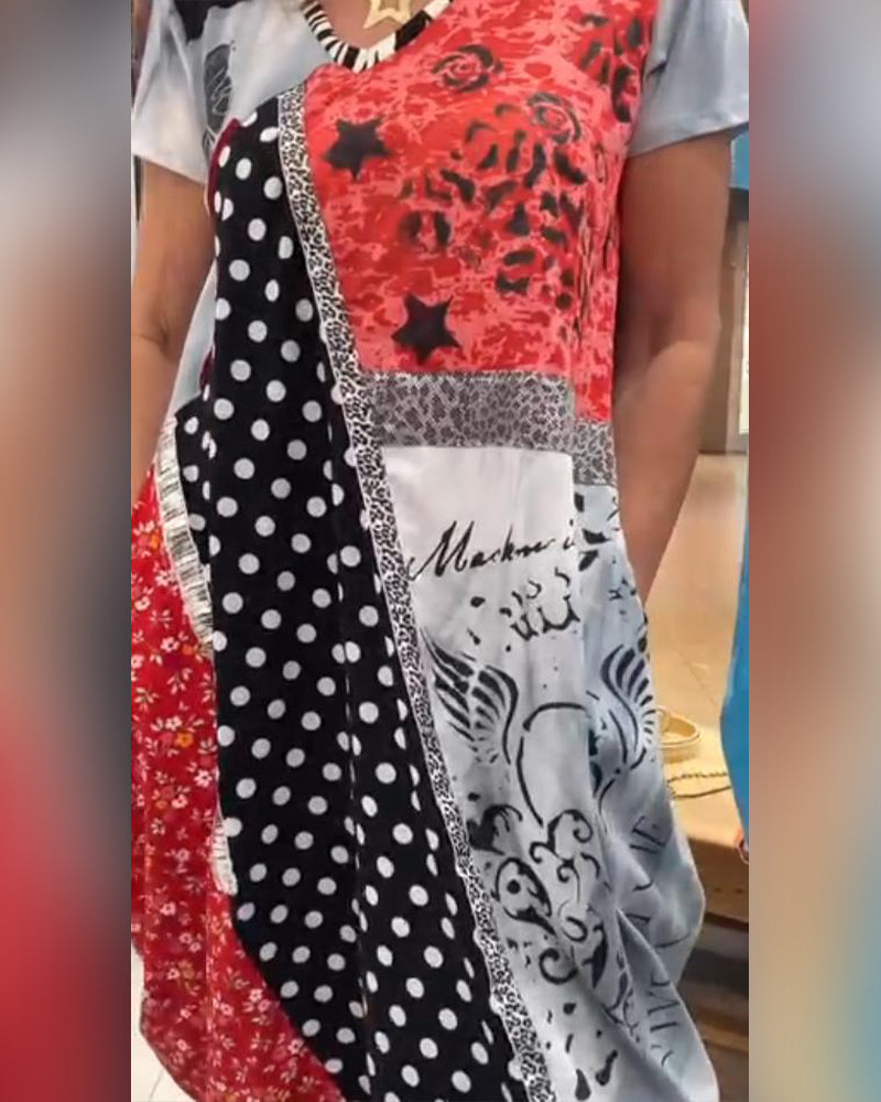 Printed Polka Dot Contrast Pocket Dress