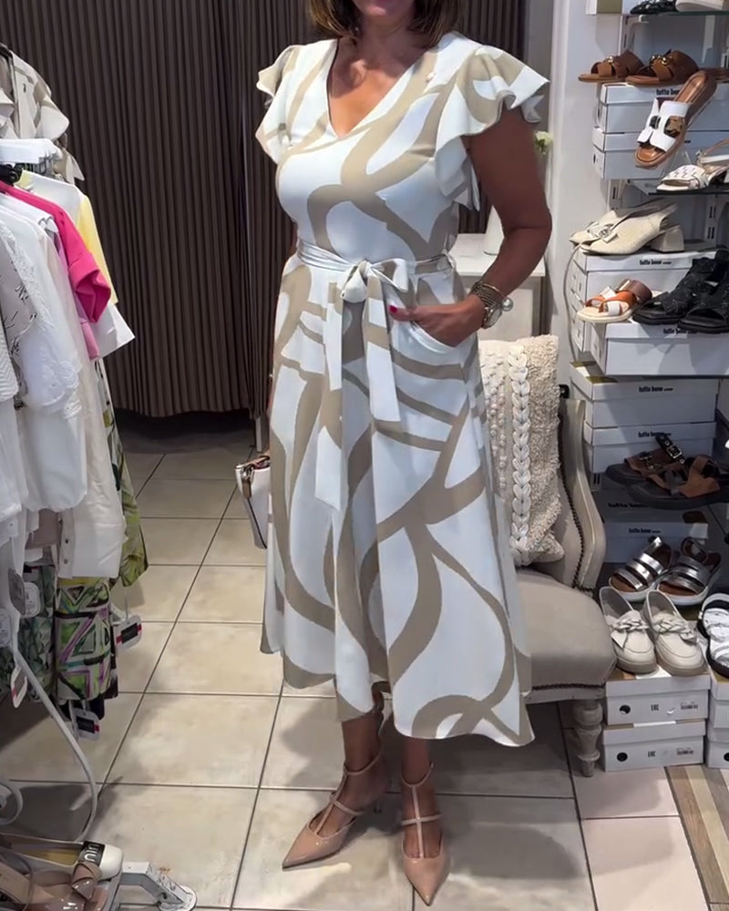 V-Neck Printed Ruffle Sleeve Dress