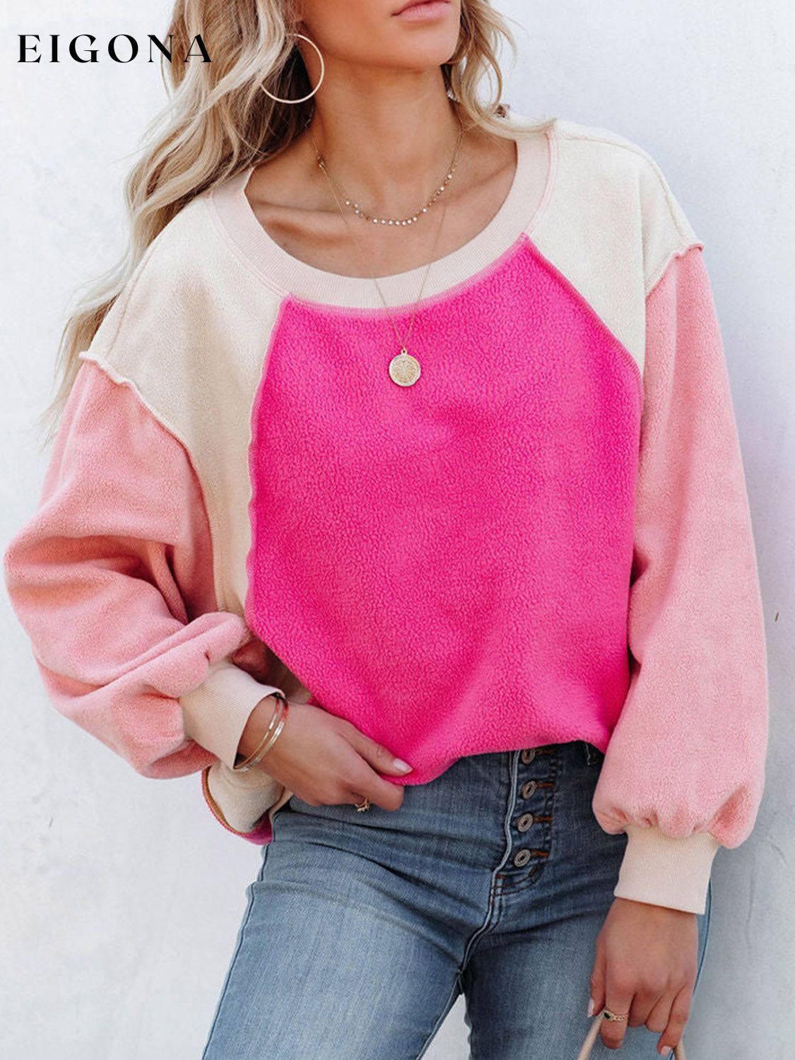 Color Block Exposed Seam Sweatshirt Hot Pink A@X@E clothes Ship From Overseas Shipping Delay 09/29/2023 - 10/04/2023 trend