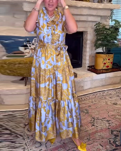 Abito lungo stampato a maniche corte con volant