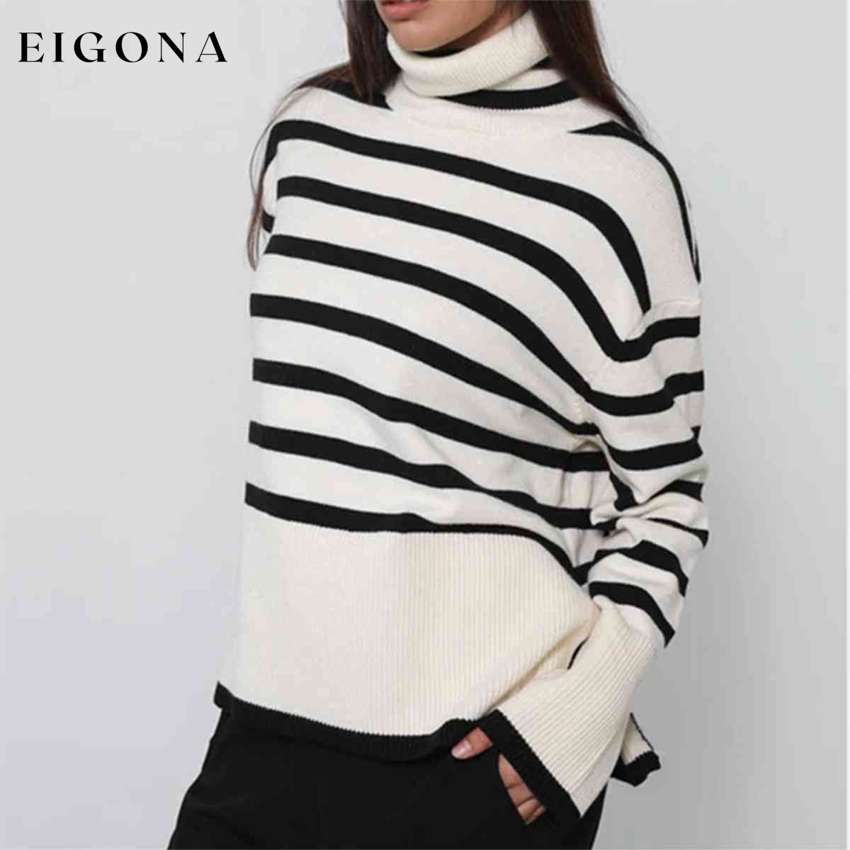 Striped Turtleneck Flare Sleeve Sweater clothes S.X Ship From Overseas