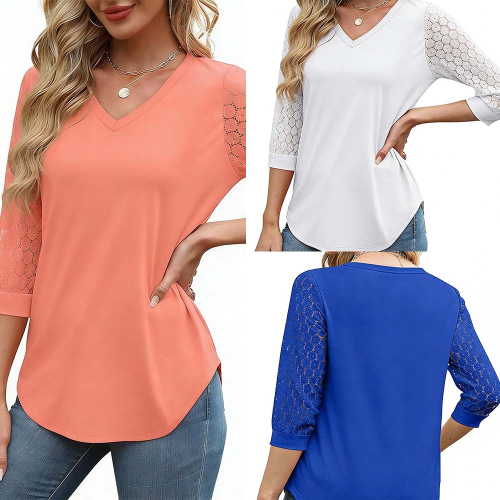 Hollow Three-Quarter Sleeve Solid Color Top Set