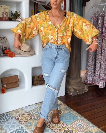 V-neck floral print blouse