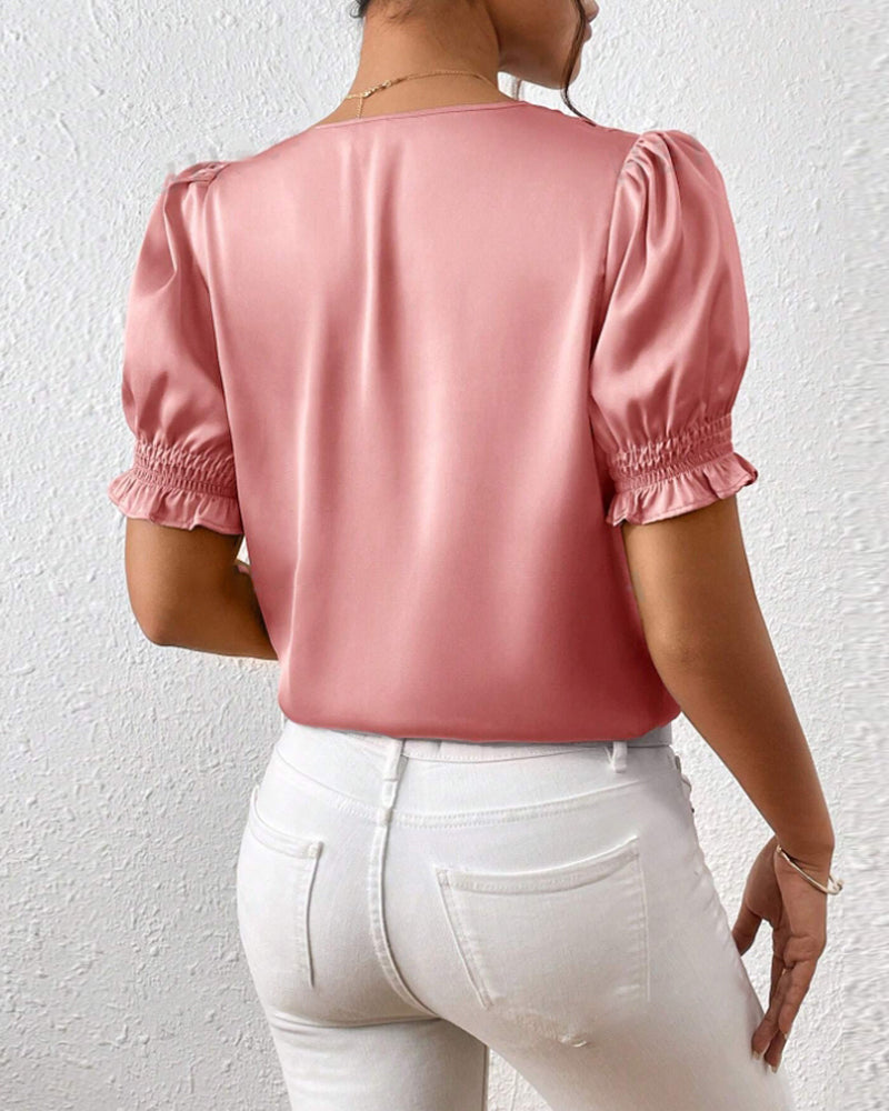 V-neck puff sleeve elegant solid color blouse blouses & shirts summer