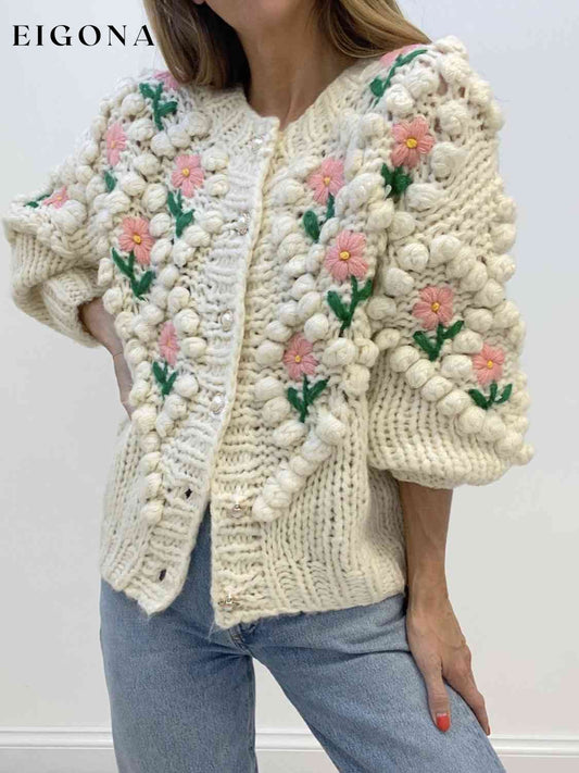 Floral Button Up Round Neck Long Sleeve Cardigan Cream cardigan cardigans clothes S.X Ship From Overseas sweater sweaters