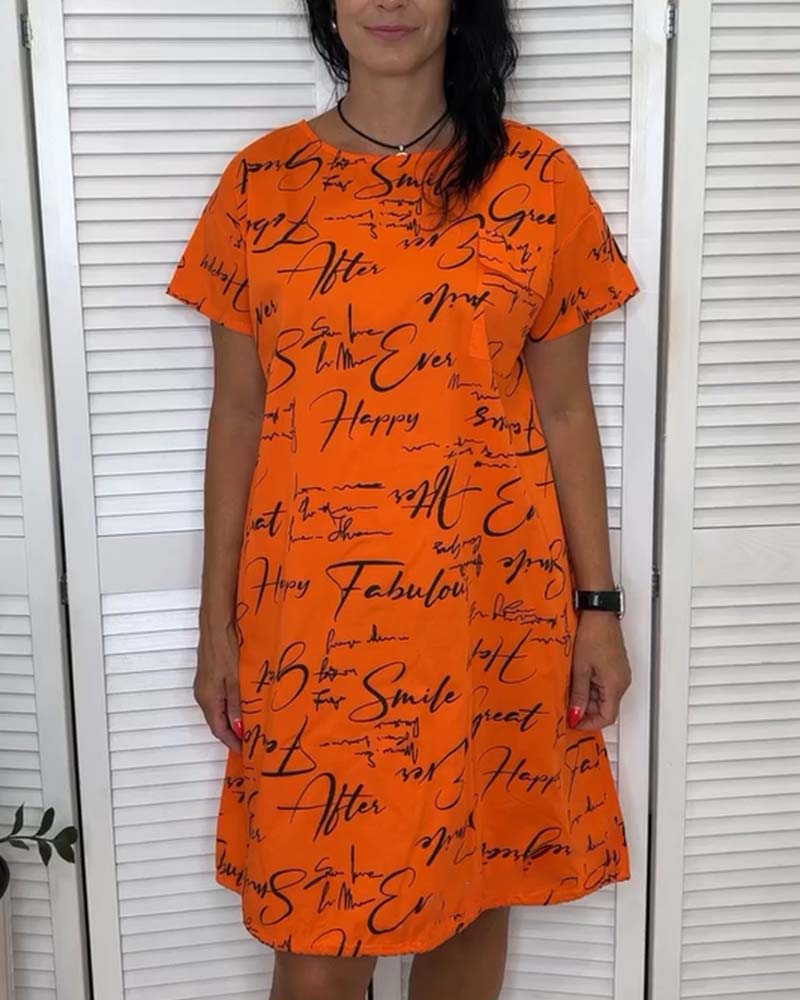 Round Neck Lettering Short Sleeve Dress