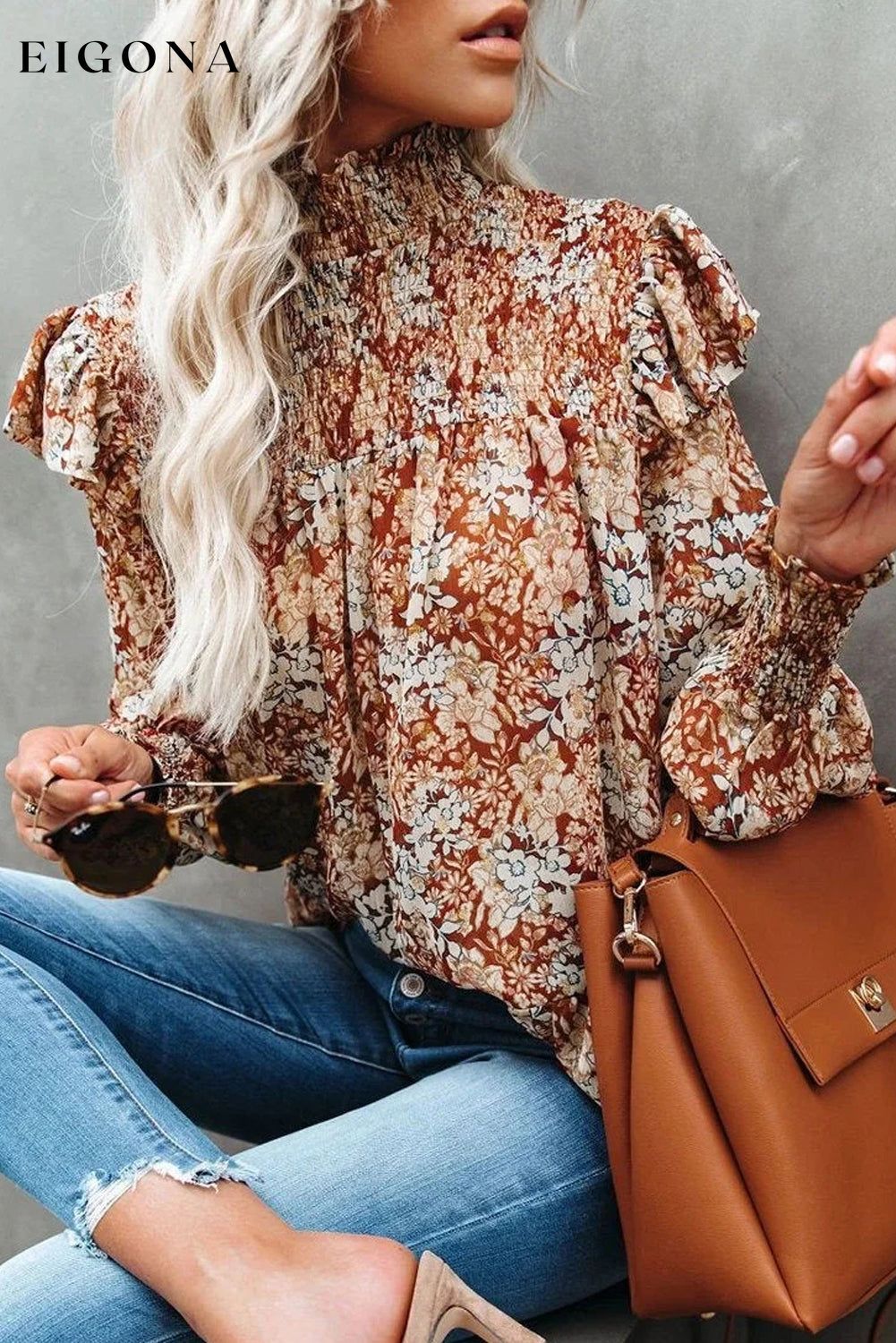 Gold Flame Floral Smocked Sleeve High Neck Ruffled Blouse All In Stock clothes EDM Monthly Recomend Occasion Daily Print Floral Season Spring Style Elegant