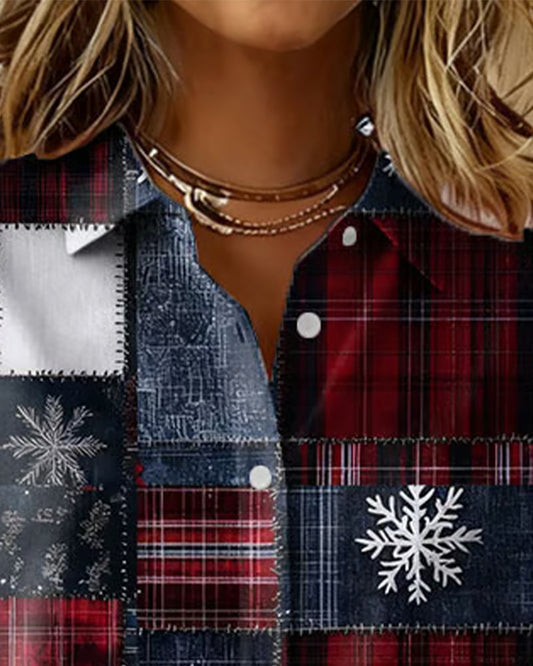 Plaid Snowflake And Snowman Print Shirt