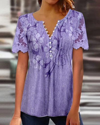 Camicetta stampata con scollo rotondo e pannello in pizzo