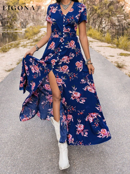 V-Neck Short Sleeve Slit Maxi Dress Navy clothes dress dresses H.R.Z maxi dress Ship From Overseas Shipping Delay 09/29/2023 - 10/04/2023 trendsi