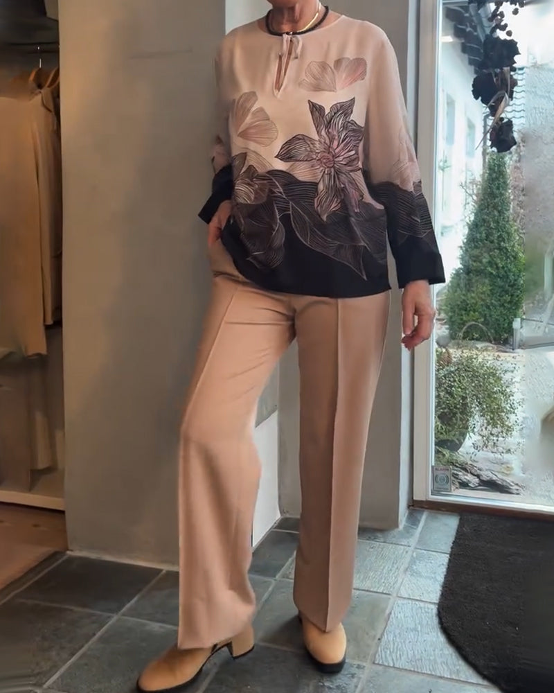 Tie-Up Long Sleeve Placement Print Blouse