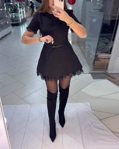 Sparkling Lace Short-Sleeve A-Line Dress