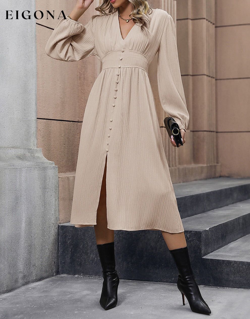 V-Neck Buttoned Slit Dress Sand clothes dresses Hundredth long sleeve dresses maxi dress Ship From Overseas