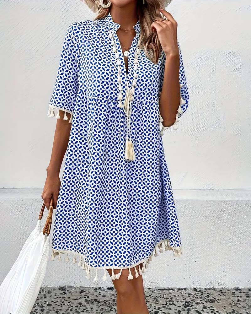 V-neck tassel print dress casual dresses summer