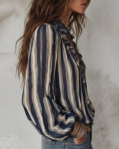Deep V Vertical Striped Loose Blouse
