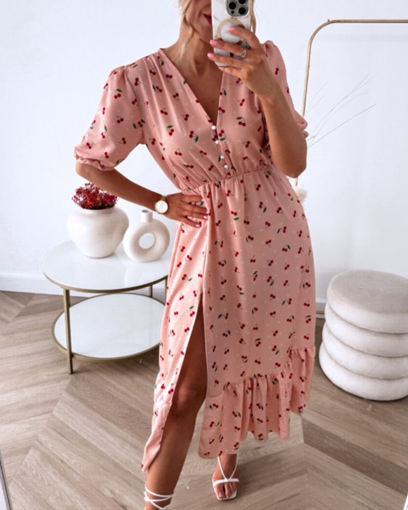 Slit cherry print dress casual dresses summer