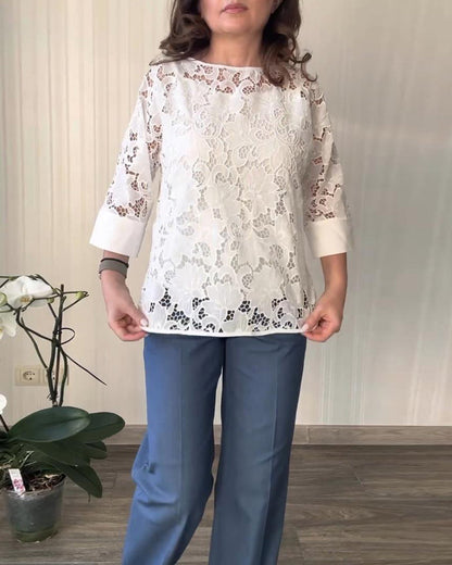 Solid color round neck lace hollow blouse blouses & shirts spring summer