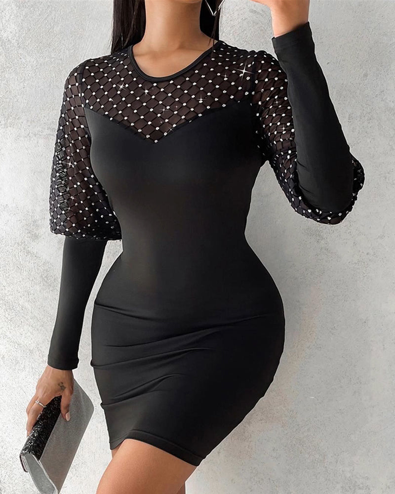 Solid Color Mesh Long-Sleeved Dress