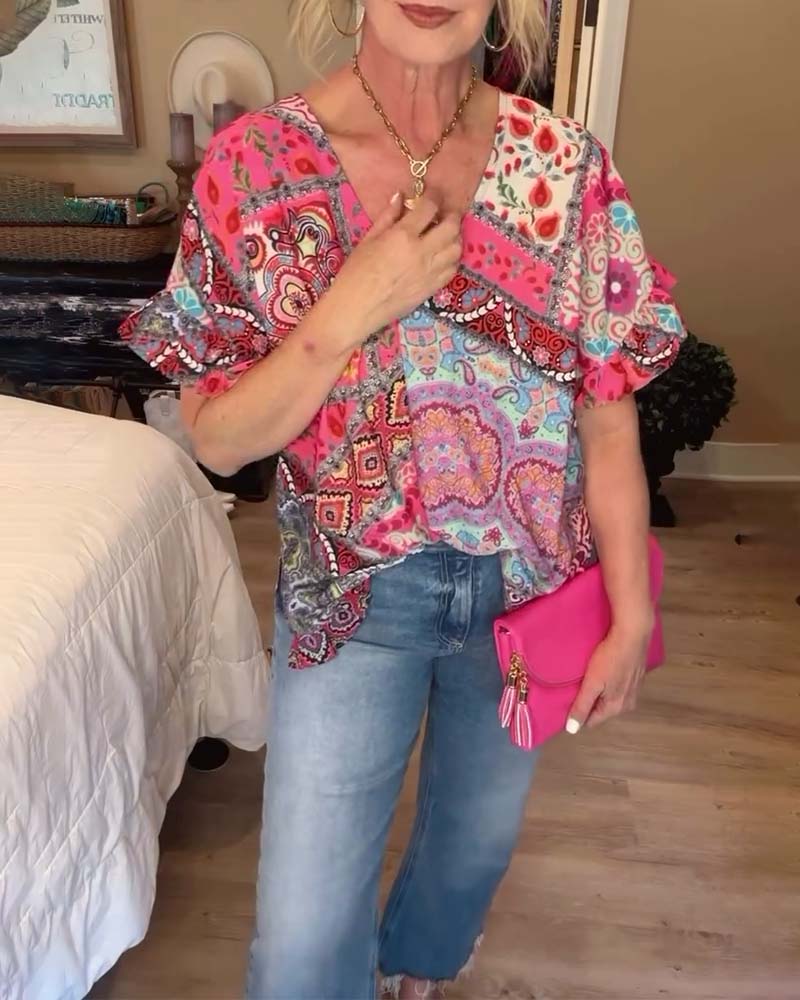 Casual printed V-neck short-sleeve ruffle blouse blouses & shirts summer