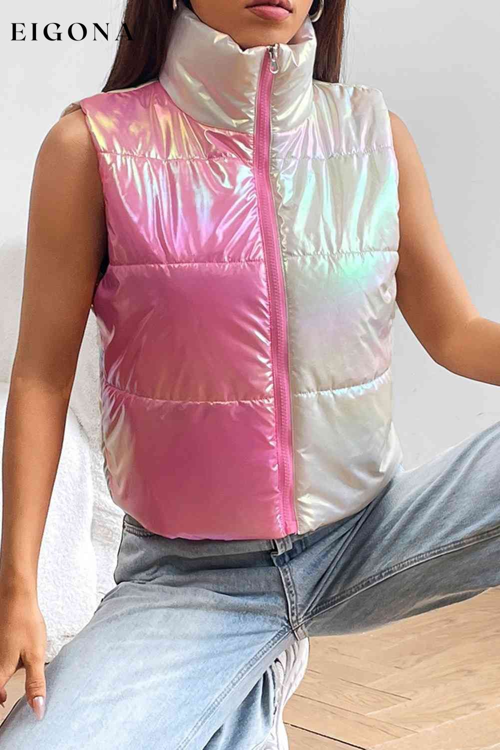 Turtleneck Color Block Pink Chrome Sleeveless Vest clothes Jacket Coat Jackets & Coats M@Y Ship From Overseas vest vests