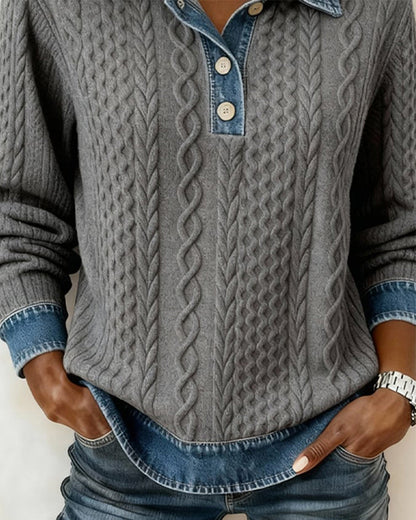 Button Lapel Contrast Casual Sweatshirt