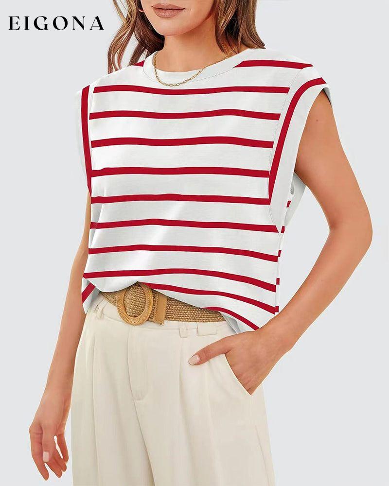 Casual striped print round neck sleeveless top blouses & shirts spring summer