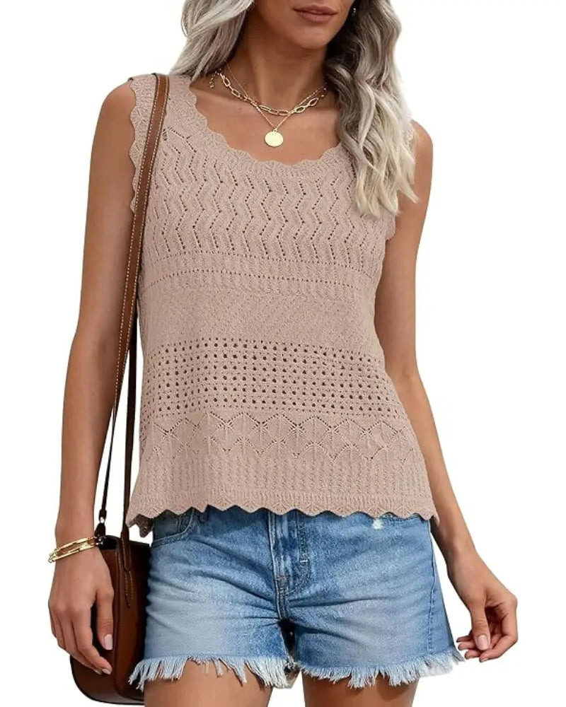 Hollow-Out Wavy Edge Sleeveless Tank Top
