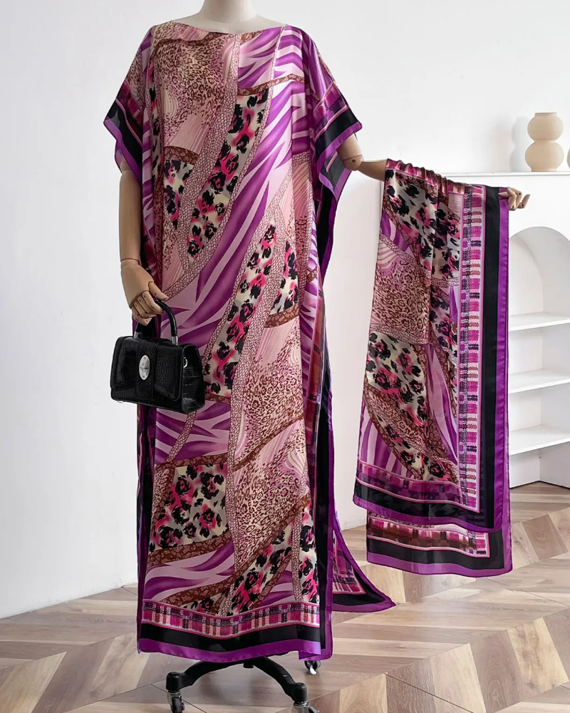 Women's Floral Print Long Dress & Scarf Set