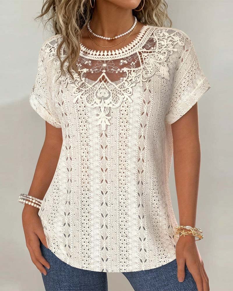 Hollow-Out Lace Solid Color Short-Sleeve T-Shirt