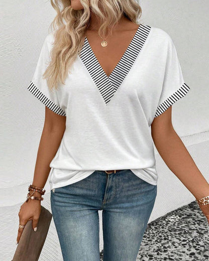 V-Neck Striped Contrast Casual Blouse