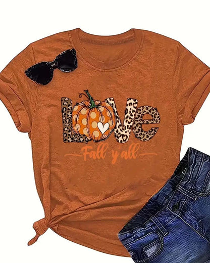 Pumpkin & Letter Print Crew Neck T-Shirt summer t-shirts thanksgiving